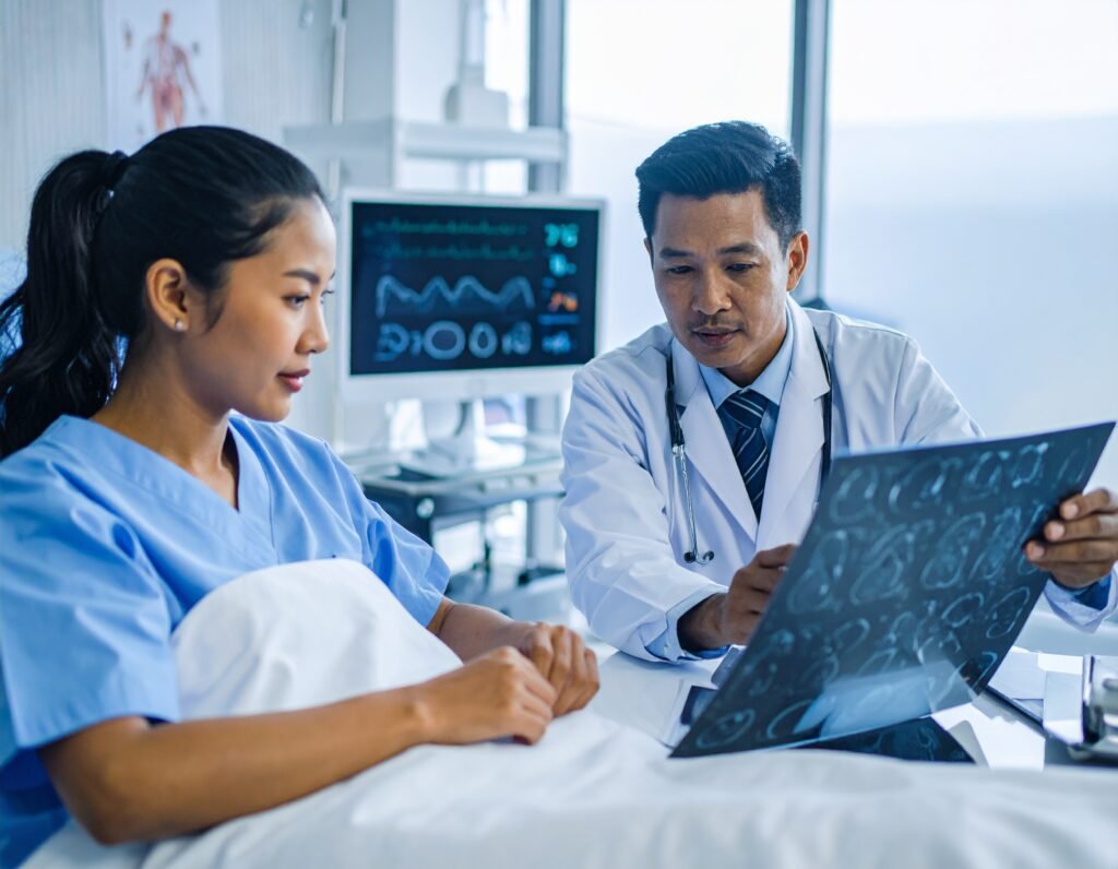 Firefly_dokter yang sedang menerima konsultasi dengan melihat hasil pemeriksaan pasien, pasie 177496